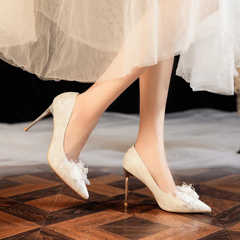 2024 Wedding Stilettos With Flowers White Temperament Stilettos With Party Gentle Wind Princess Women'S Shoes