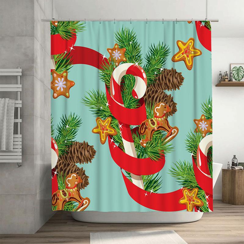 

Tu Christmas Shower Curtain Festive Holiday Decor Winter Themed Bathroom Decor Red And Green Pattern Waterproof Fabric Washable W60H190(CM)-1 Pcs