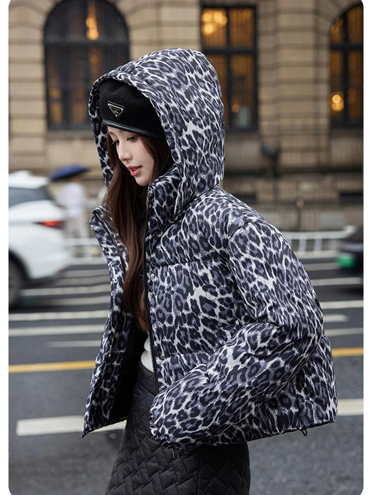 Vintage Odnímatelná Kapuce Leopardí Vzor Krátká Zimní Bunda