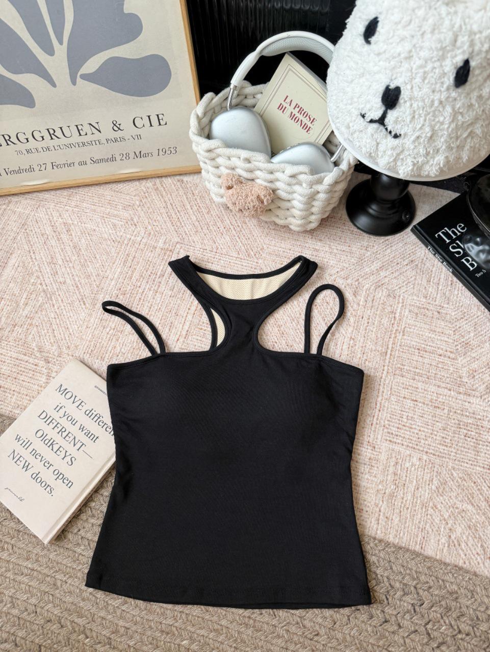 

Versatile Summer Halter Ribbed Cotton Sleeveless Top with Integrated Cup for Women One Size