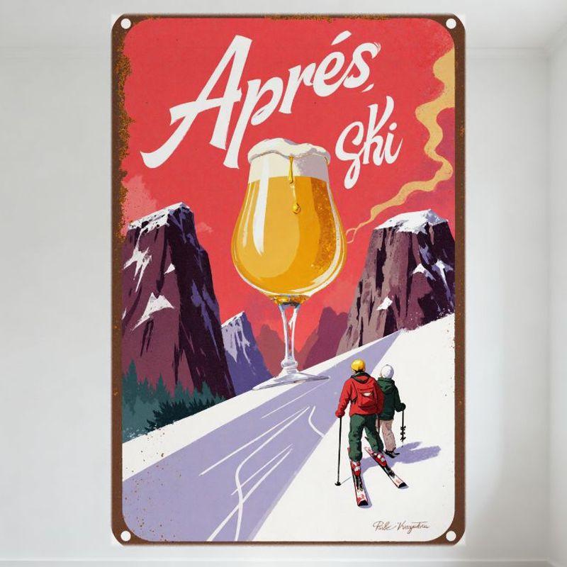 

Винтажная металлическая жестяная табличка Après Ski Красный фон Снежные горы Лыжники Пивная кружка Искусство Настенный декор для Бара Кафе Дома Мужская берлога 20x30cm（7.8x11.8inch）