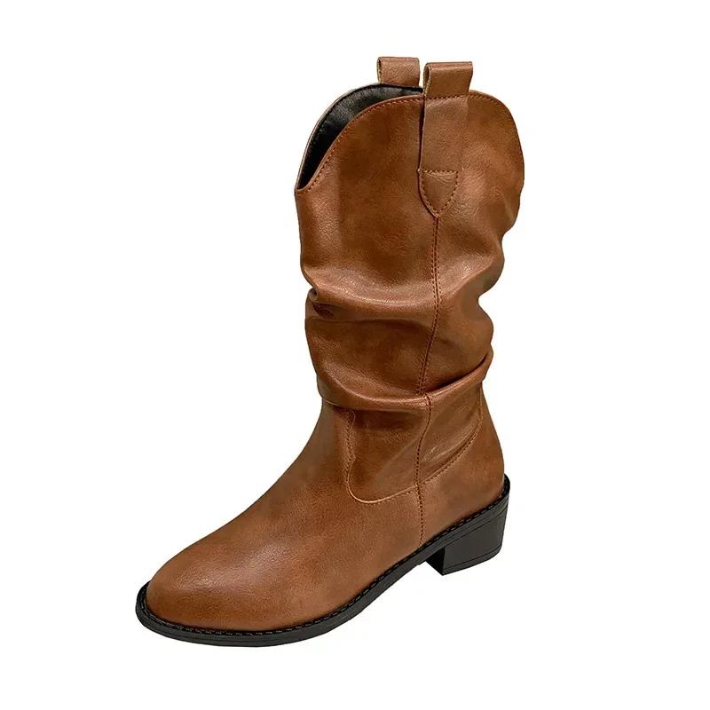 Damenstiefel Winter 2026 Mode Lässig Niedriger Absatz Rutschfest Komfort Wasserdicht Gefaltete Lederstiefel Kältebeständig Modische Stiefel