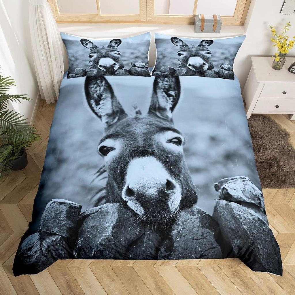 Cute Donkey Duvet Cover Rustic Barn Door Full Bedding Set Farmhouse Decor Farm Animals Comforter Cover Sunflower Flower Bed Set