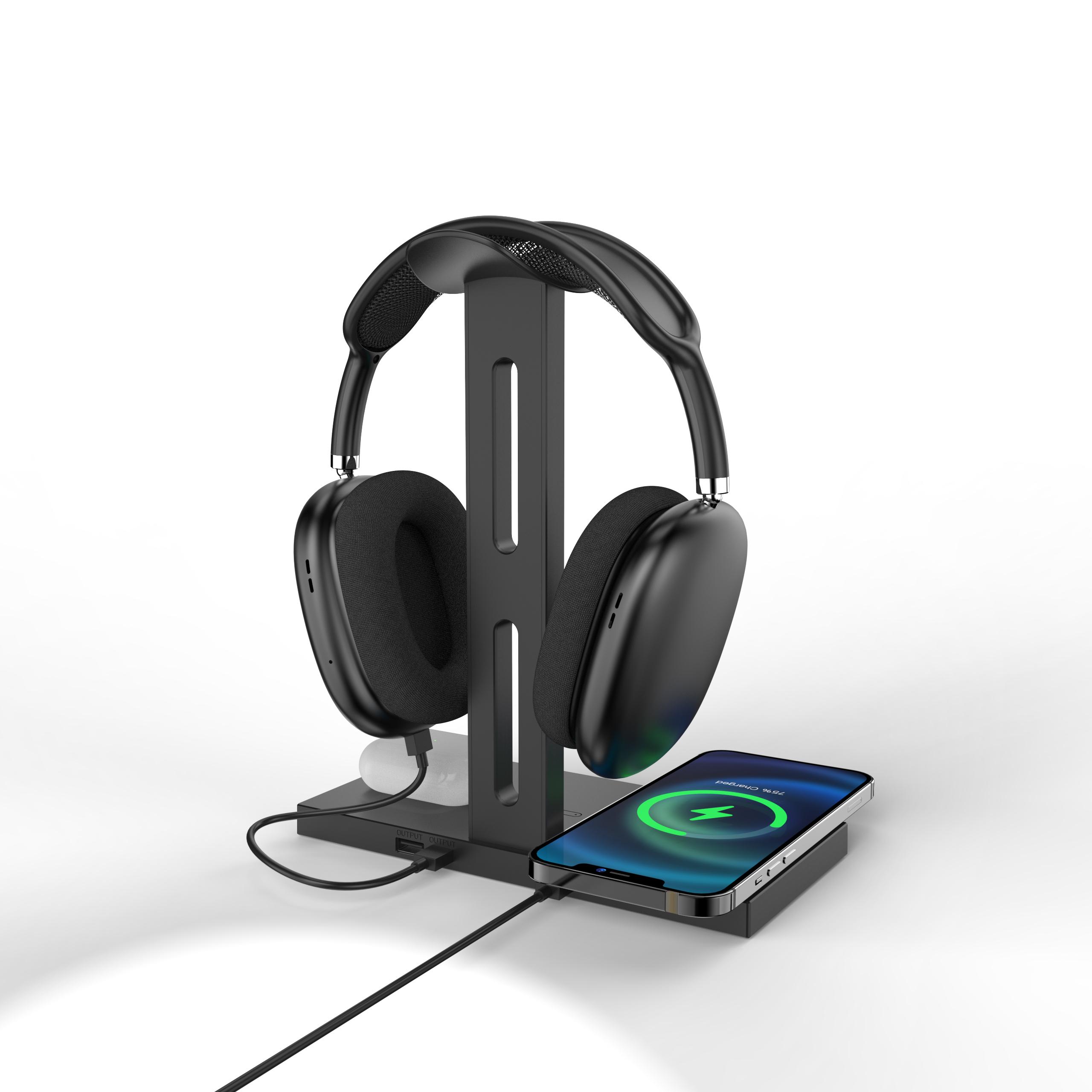 3in1 Wireless Charging Headphones Stand for Airpods Max Desktop Gaming Headset Bracket Charging Base for Phone Bluetooth Earphon чёрный