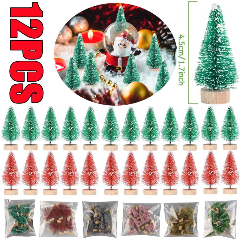 12PCS DIY Mini Christmas Tree 4.5cm Sisal Silk Cedar Desktop Decoration Small Christmas Tree Xmas New  Navidad Decor Gifts