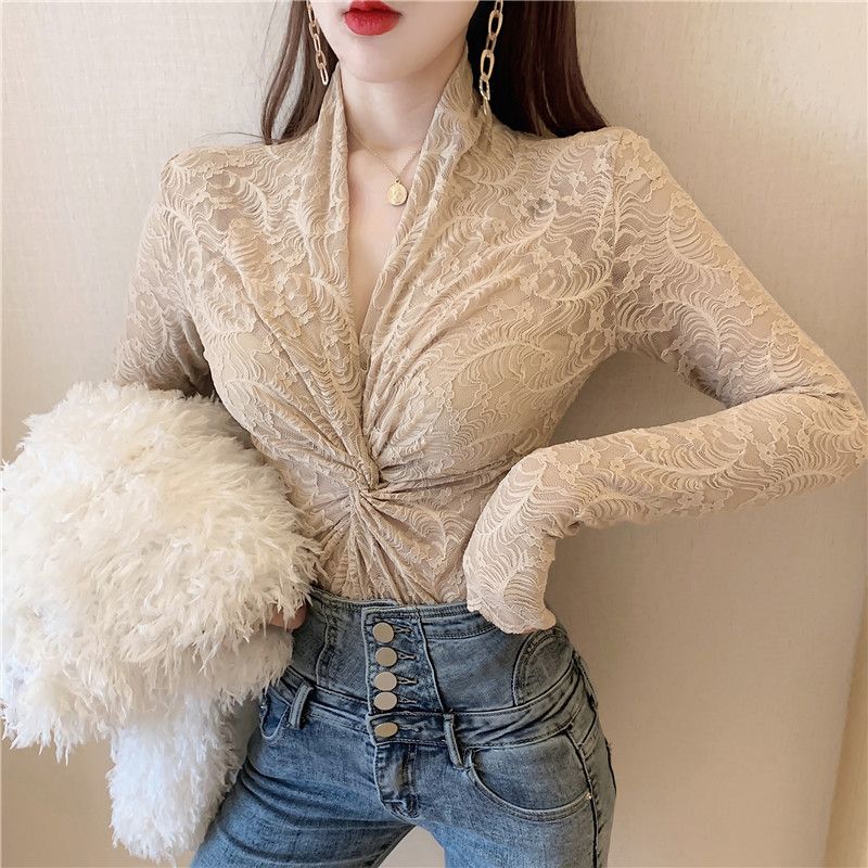 Vår/sommer blonde bunnskjorte dame V-hals mote skjorte Langermet mesh fôr utskjæring Sexy topp