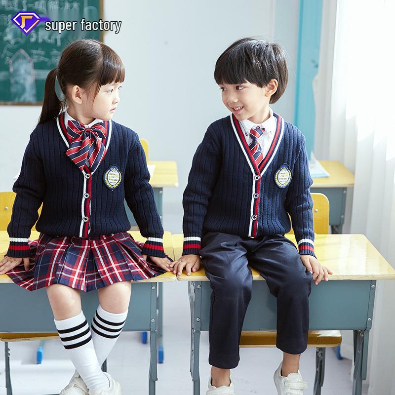Kinder Frühling/Herbst 2025 Schuluniform-Set: Gestrickte Strickjacke, Pullover und Kindergarten-Outfit