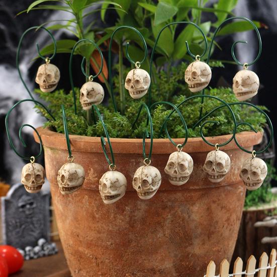 12 Pcs Halloween Skull Stake Human Skull with Bendable Wire Planter Insert Skull Stake for Flower Pot Garden Bed Decoration