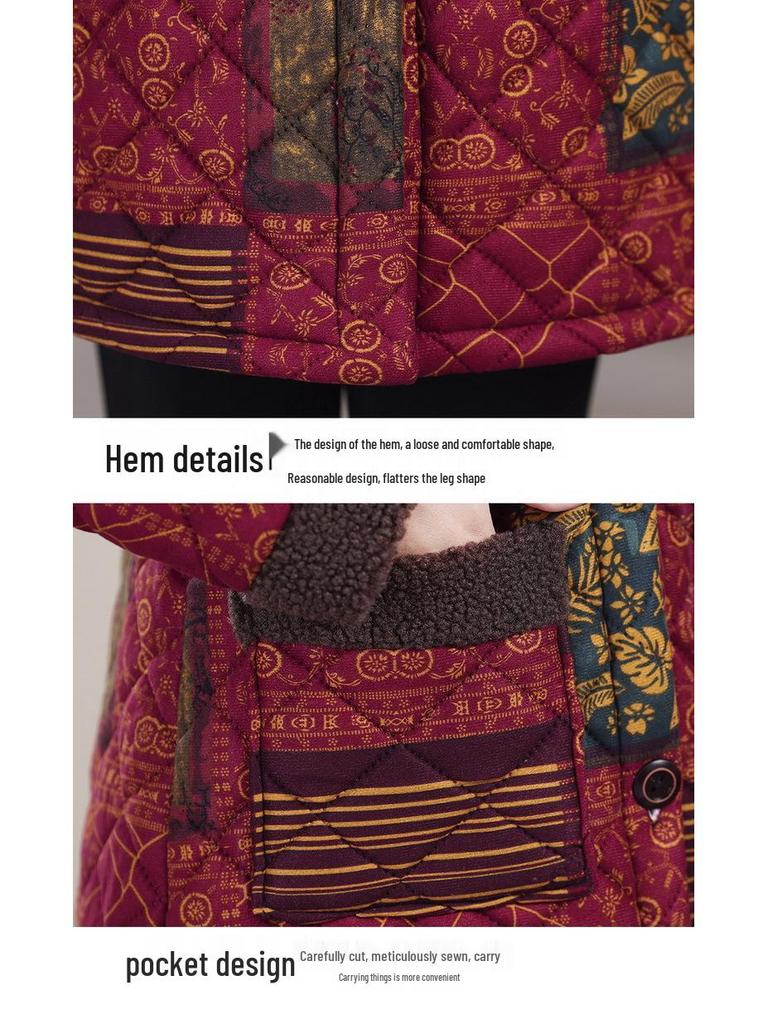 Mom's Thickened Mid-Length Winter Cotton Jacket with Fleece Lining, Plus Size, Warm Coat for Elderly Women