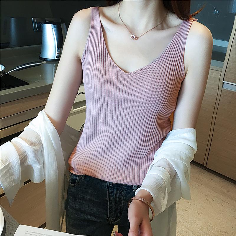 Women V-neck Halter Top Women's Summer Inside Knit Bottoming Shirt Sleeveless Tops Outside