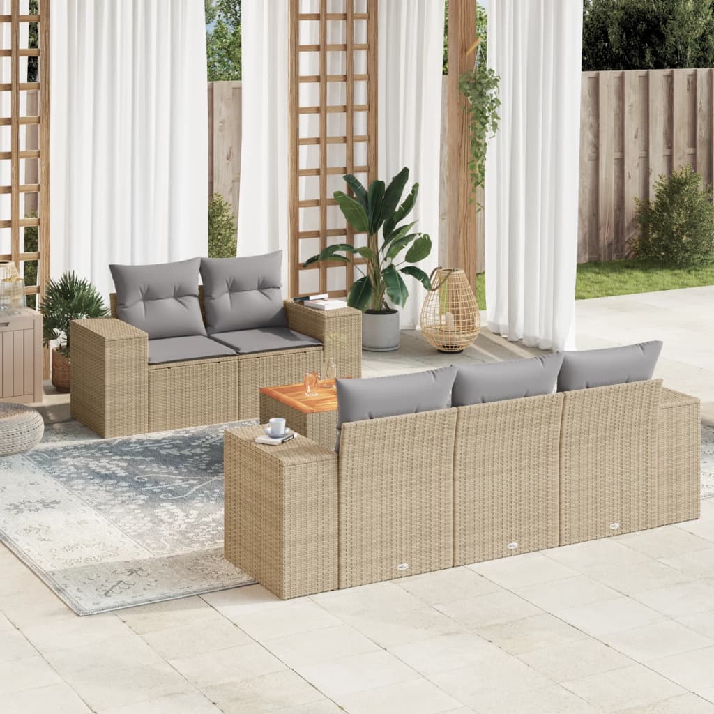 Vidaxl 6-Cz. Gartenmöbel-Set mit Kissen, Beige, Polyrattan