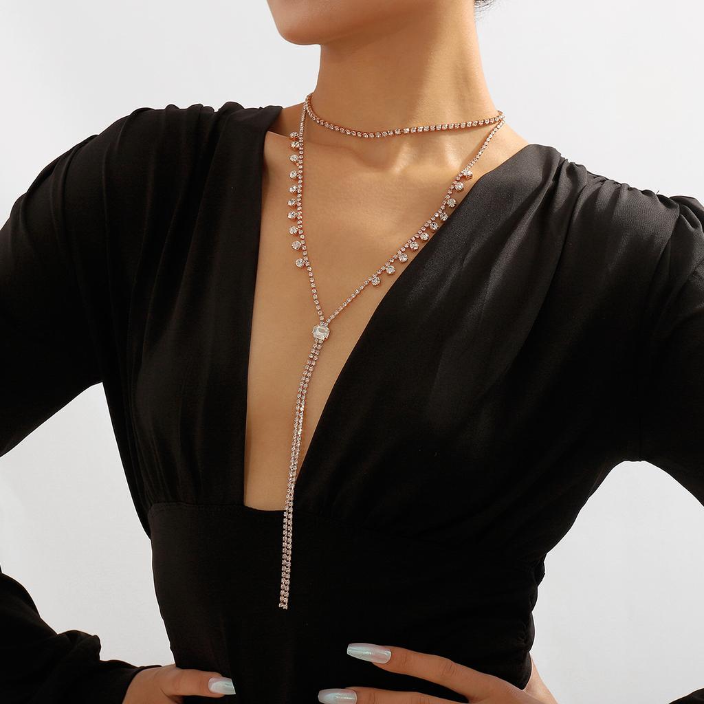 Women European Minimalist Y‑Shaped Long Choker Full Rhinestone Chain Geometric Necklace Jewelry