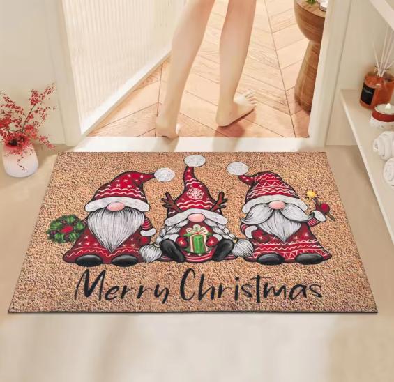 Christmas Gnome Cork Welcome Doormat, Merry Christmas Red Gnomes Gift Wreath Non Slip Front Door Mat, Winter Holiday Decor Rug
