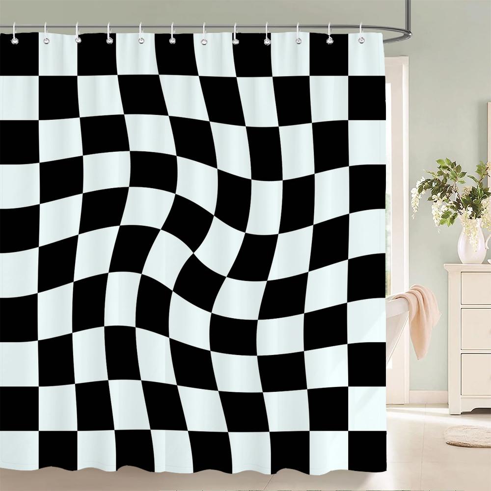 1 pièce Simple Motif Abstrait Noir et Blanc Tissu Polyester Rideau de Douche Imperméable Rideau de Salle de Bain Rideau de Séparation