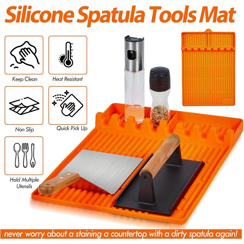 LMETJMA Large Silicone Griddle Tools Mat for Blackstone Heat Resistant Spatula Mat with Drip Pad BBQ Grill Tool Rest Mat JT485