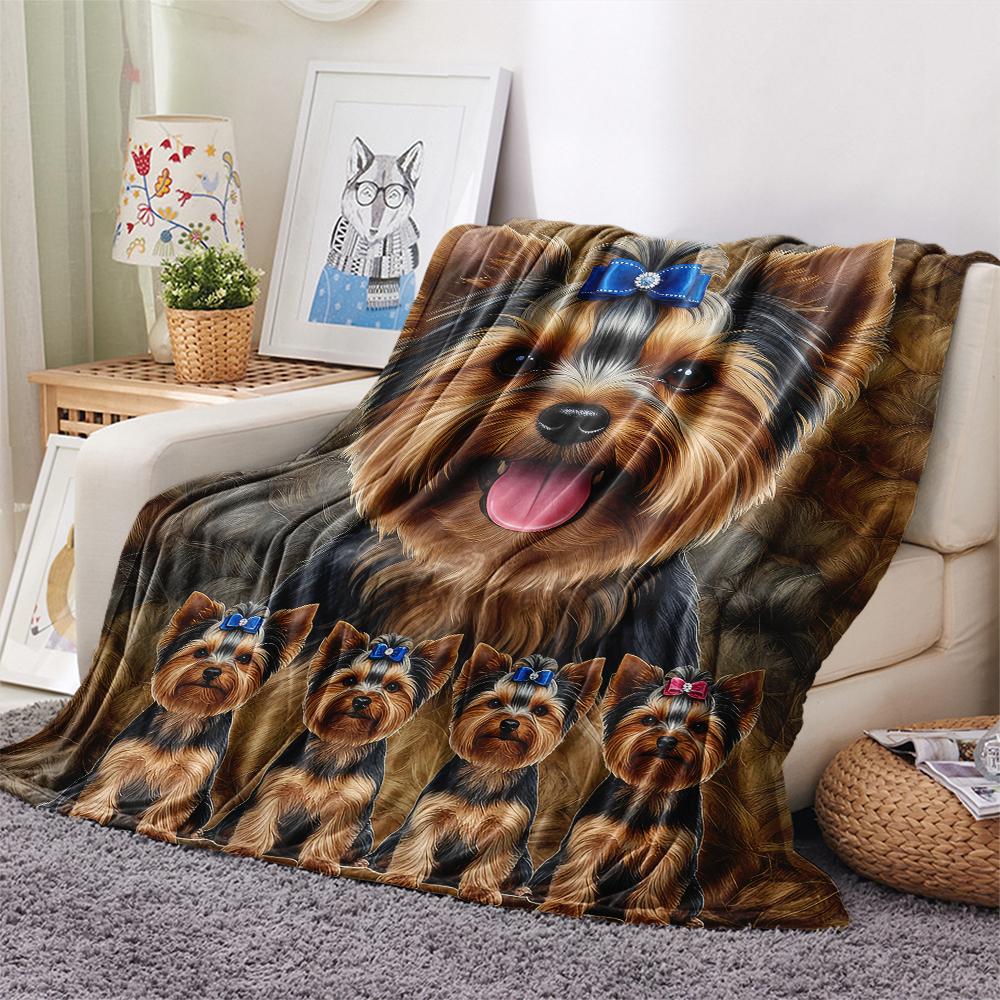 1Pc Yorkshire Terrier Schnauzer Print Flannel Blanket, High quality Comfortable for All Seasons, Home Decor, Warmth and Comfort, Perfect for Gifts