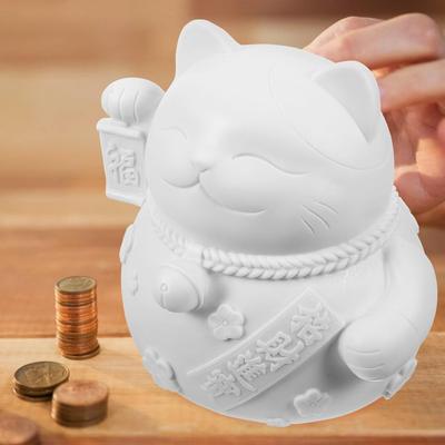 Vaguelly Creative Fortune Cat Piggy Bank Paintable Vinyl Coin Holder for Boy Girl Decorative Money Box Cute Cartoon Design Present for Birthdays and