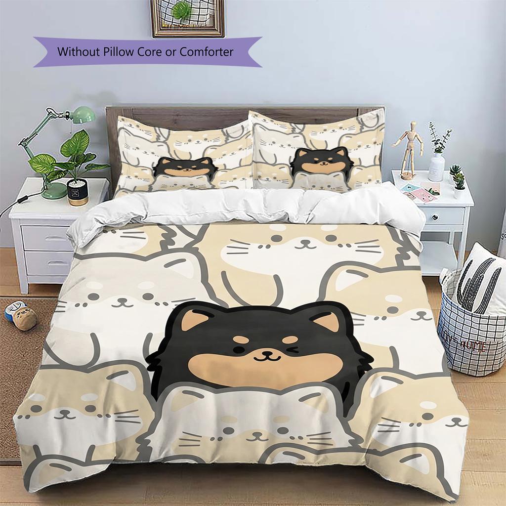 Shiba Inu Pattern Bedding Quilt Set Quilt Cover Pillowcase Home Decoration Birthday Gift (1 * duvet cover + 2 * pillowcase, without core)