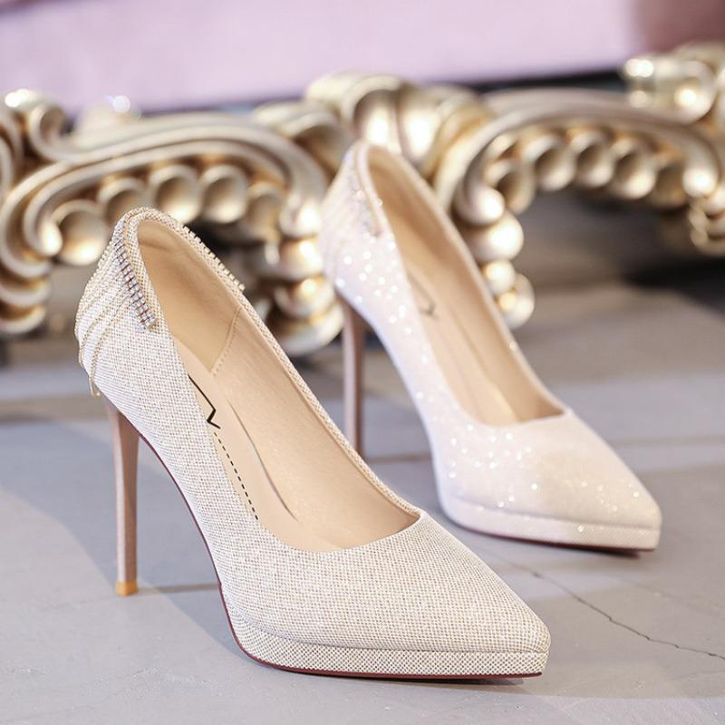 Fashion Women's Slim Heel Shoes Spring New Pointy Shallow Mouth Glitter Metal Chain Thick Soles Anti-slip Wear-resistant High Heels