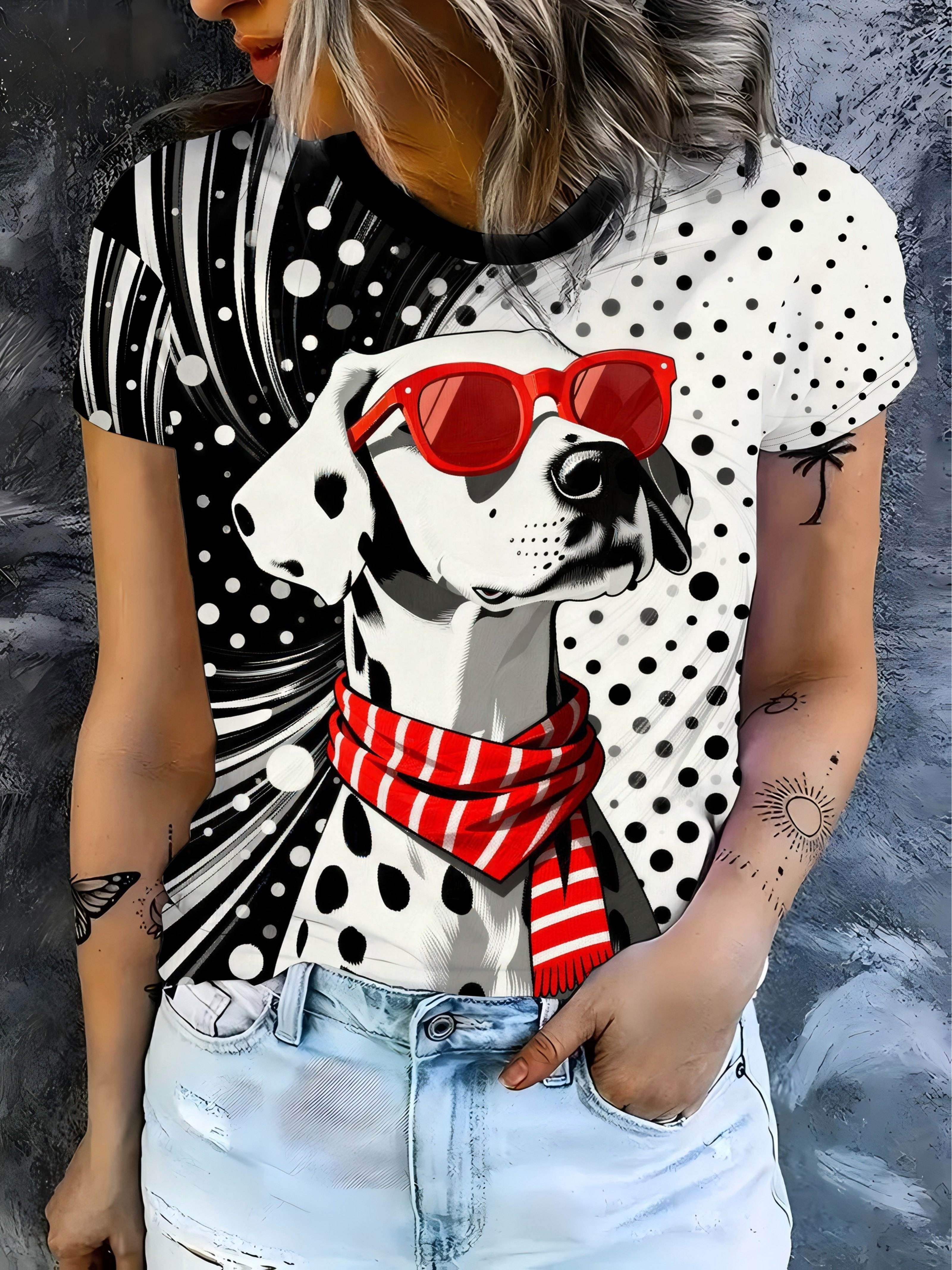 

Women Dalmatian Print T-Shirt - Short Sleeve Casual Top with Dalmatian Puppy ; Red Plaid. Machine Washable Blouse-Compatible Shirt Suitable for Summe S дубильна кора