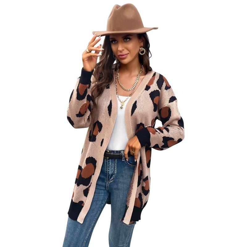 Casual Trend Versatile Autumn Women's Long Leopard Print Cardigan Knitted Sweater Jacket Women