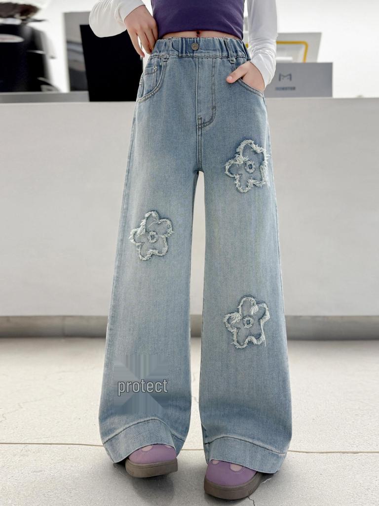 Girls' Embroidered Wide-Leg Denim Pants - Spring & Fall 2026 Junior High Style
