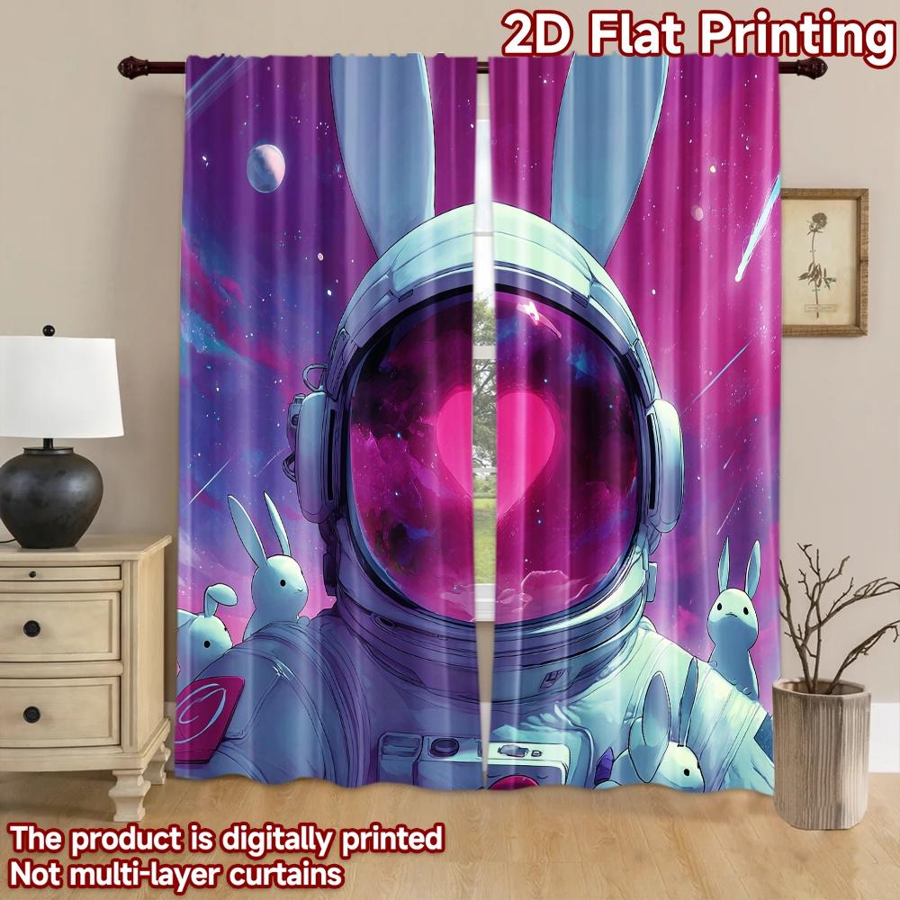 2D Flat Printing 2pcs Curtain Cute Bunny Astronaut Space Heart Digital Printed Polyester Drapes Seasonal Party & Holiday Decor