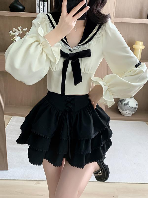 

Sweet Colorblock Sailor Collar Top & A-Line High Waist Midi Skirt Set Small