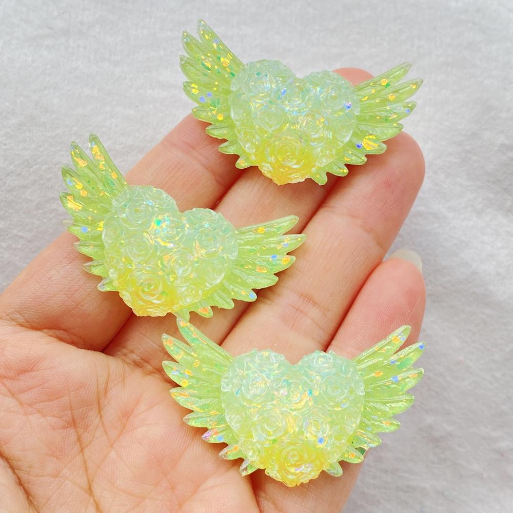 6Pcs Cute Resin Sparkling Colored Rose With Heart-shaped Wings Flat Back Scrapbooking DIY Jewelry Craft Decoration Accessories
