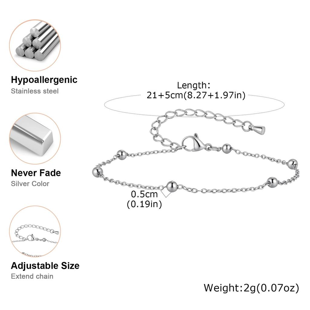 Stainless Steel Beaded Chain Anklet for Women,Summer Vacation Waterproof Anklets,Classic Jewelry Gifts