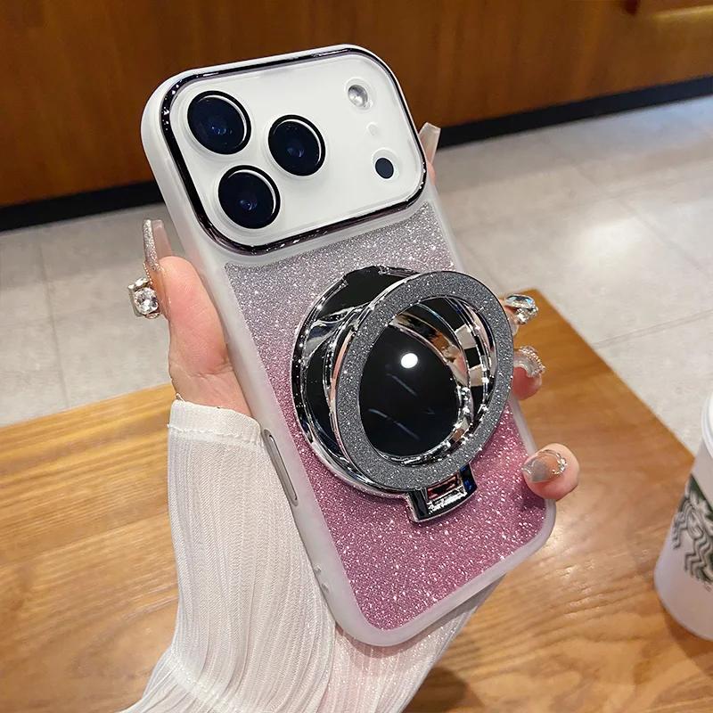 Luxury Glitter Bling Camera Full-pack Film Case For IPhone 17 Pro Max Air 16 15 14 13 12 Magnetic Make-up Mirror Bracket Cover