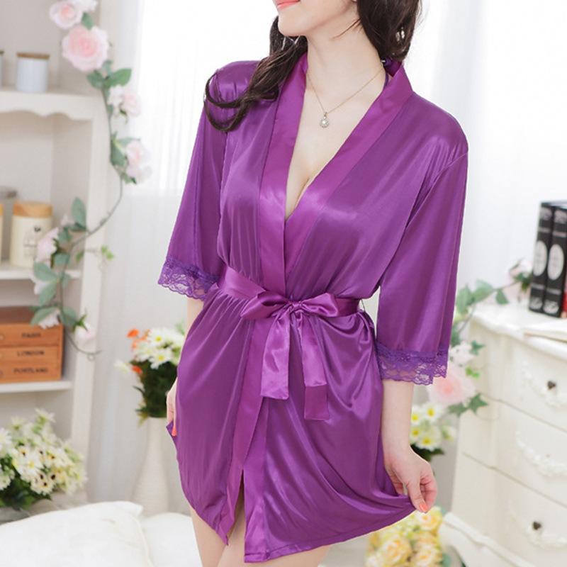 Fun underwear high-end long-sleeved ice silk nightgown pure desire sexy home bathrobe smooth large size fun