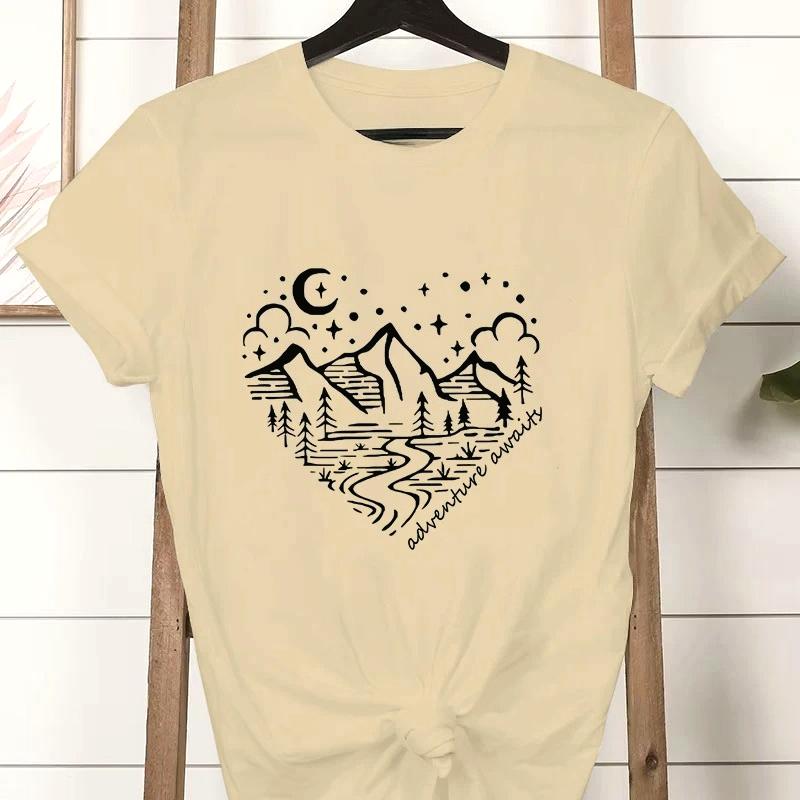 Fashion Women Summer Mountain Hiking Camping Print Adventure Awaits Crew Neck Short Sleeve Tee Tops