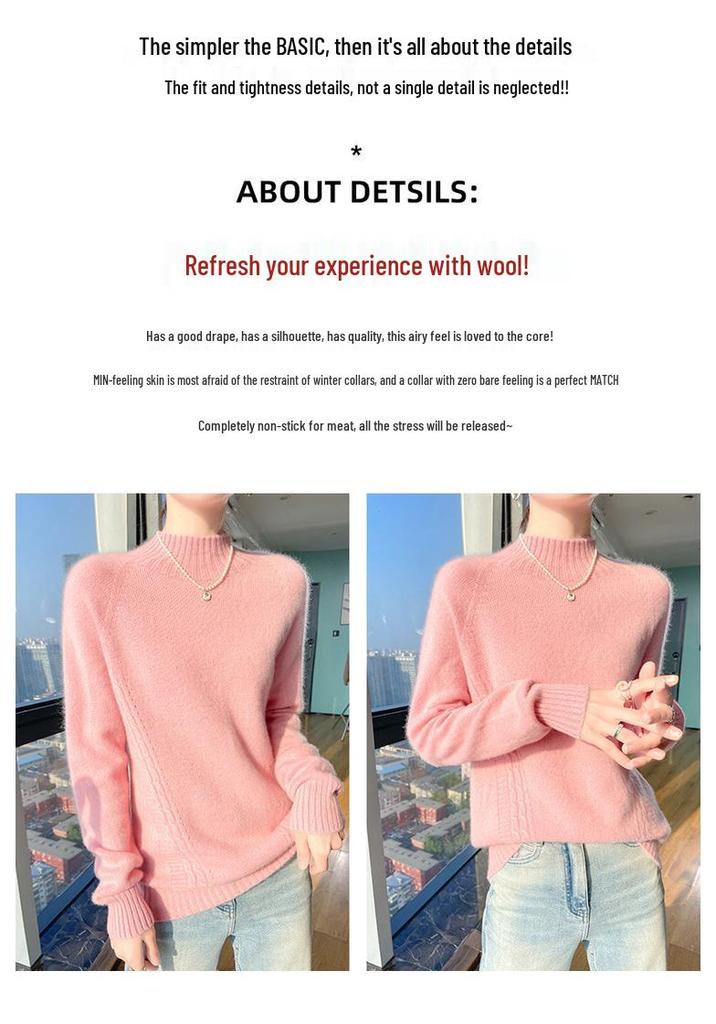 Women's Thick Wool Knitted Sweater, Loose Fit, Half-High Neck, Long-Sleeved, Slimming Base Top