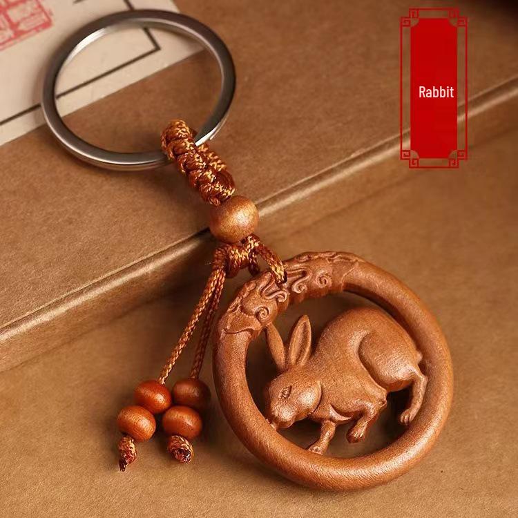 Peach Wood Zodiac Keychains: Year of the Dragon Pendant with Rat, Ox, Tiger Carvings - Carry-on Ornament Gift
