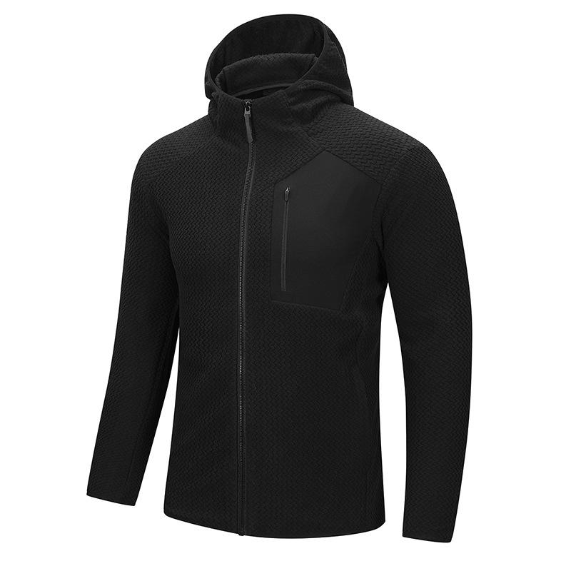 Men Hooded Full Zip Fleece Jacket With Contrast Zipper Chest Pocket L чёрный