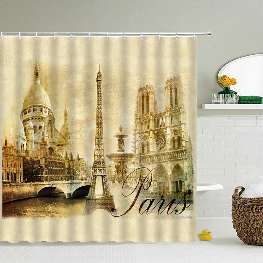 Retro Nostalgia Paris Tower Pattern Bath Shower Curtain Waterproof Decor Shower Curtains With Hooks Black White Bathroom Screen