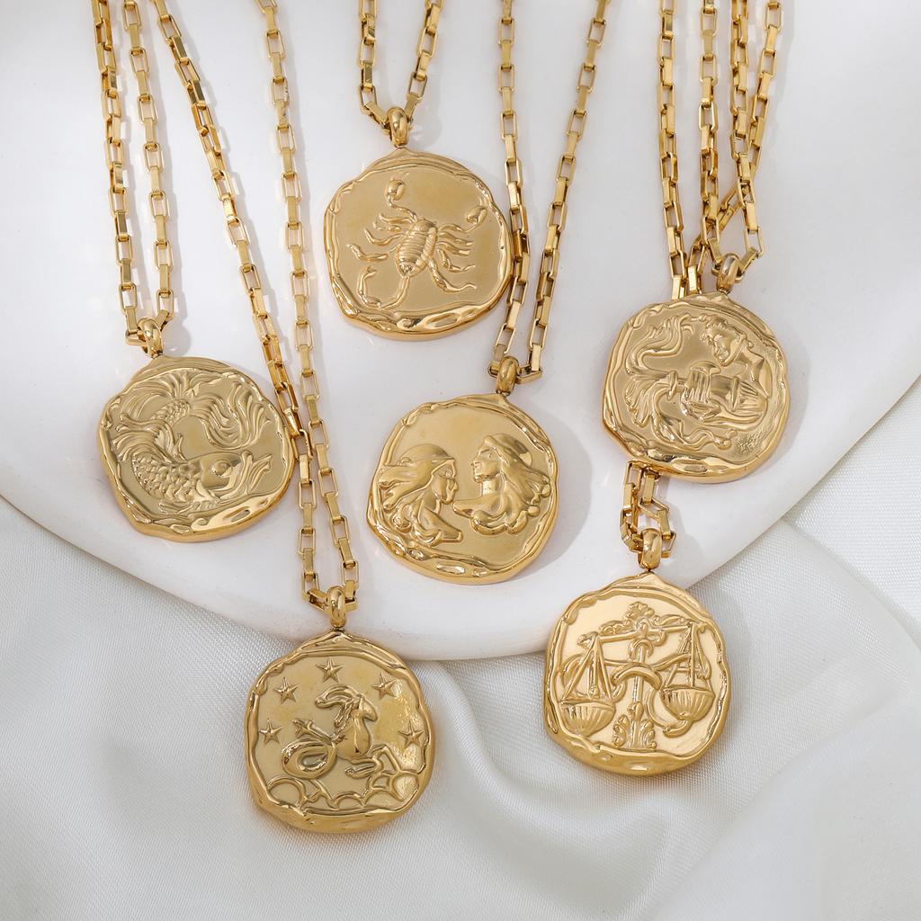 JOOLIM High End 18k PVD Gold Plated Stainless Steel  Cast Round Coin Sign Zodiac  Horoscope Necklace