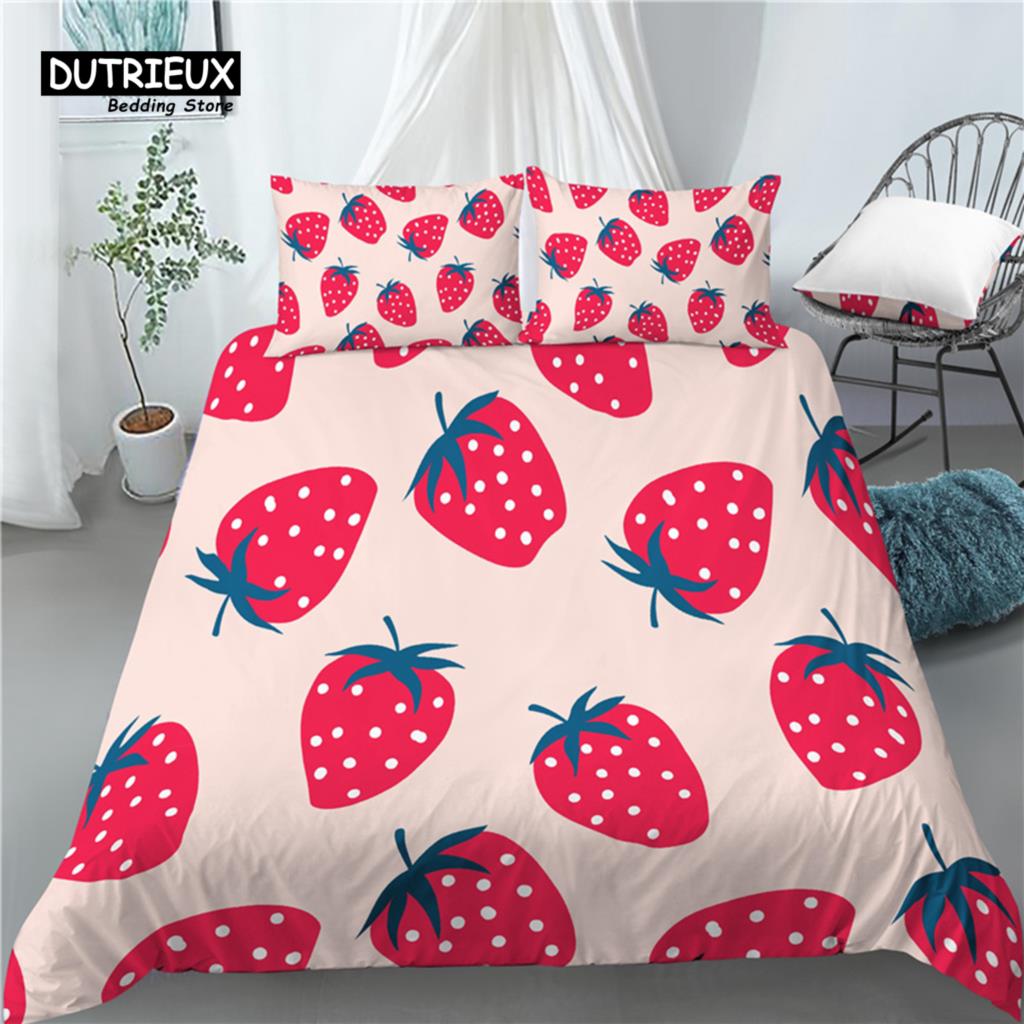 Home Living Luxury 3D Strawberry Print 2/3Pcs Comfortable Duvet Cover Pillowcase Bedding Set Queen And King Eu/Us/Au Size