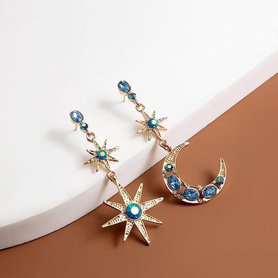 Silver Needle Retro-Ohrringe im Palaststil mit blauem Kristall, Stern und Mond, funkelnd – ästhetischer Ohrschmuck für Frauen