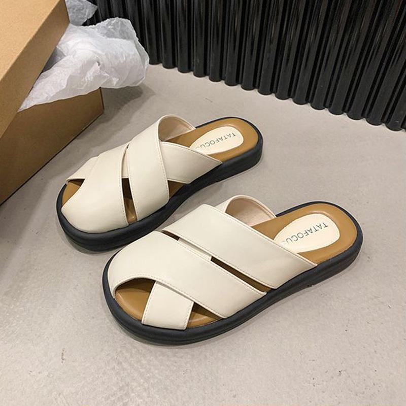 Women's Summer Slippers Luxury Artificial Leather House Shoes For Home Women 2024 Comfortable Barefoot Outdoor Low Heels Slipper