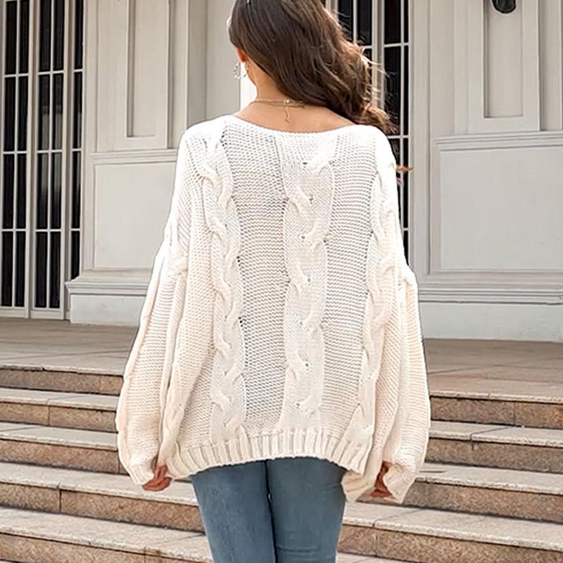Ladies Autumn Winter Lantern Sleeve Flat Shoulder Pullover Solid Color Loose Knitted Sweater Knitwear Top