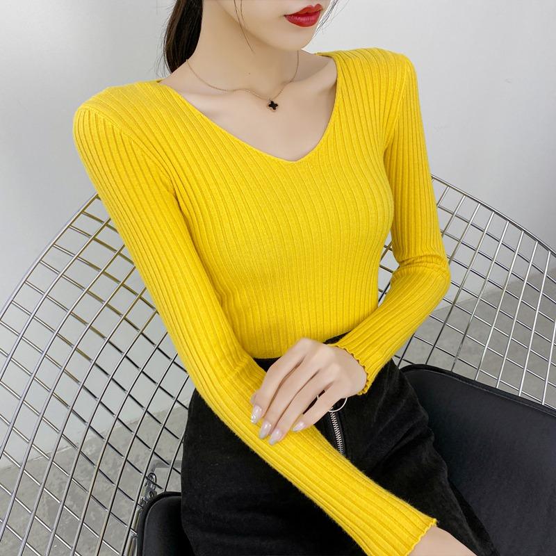 Autumn and Winter V-neck Knitted Sweater for Women Fashion Slim Fit Long Sleeve Base Pullover Sweaters Tops Ladies Elegant Solid Woman Knitwear 24978