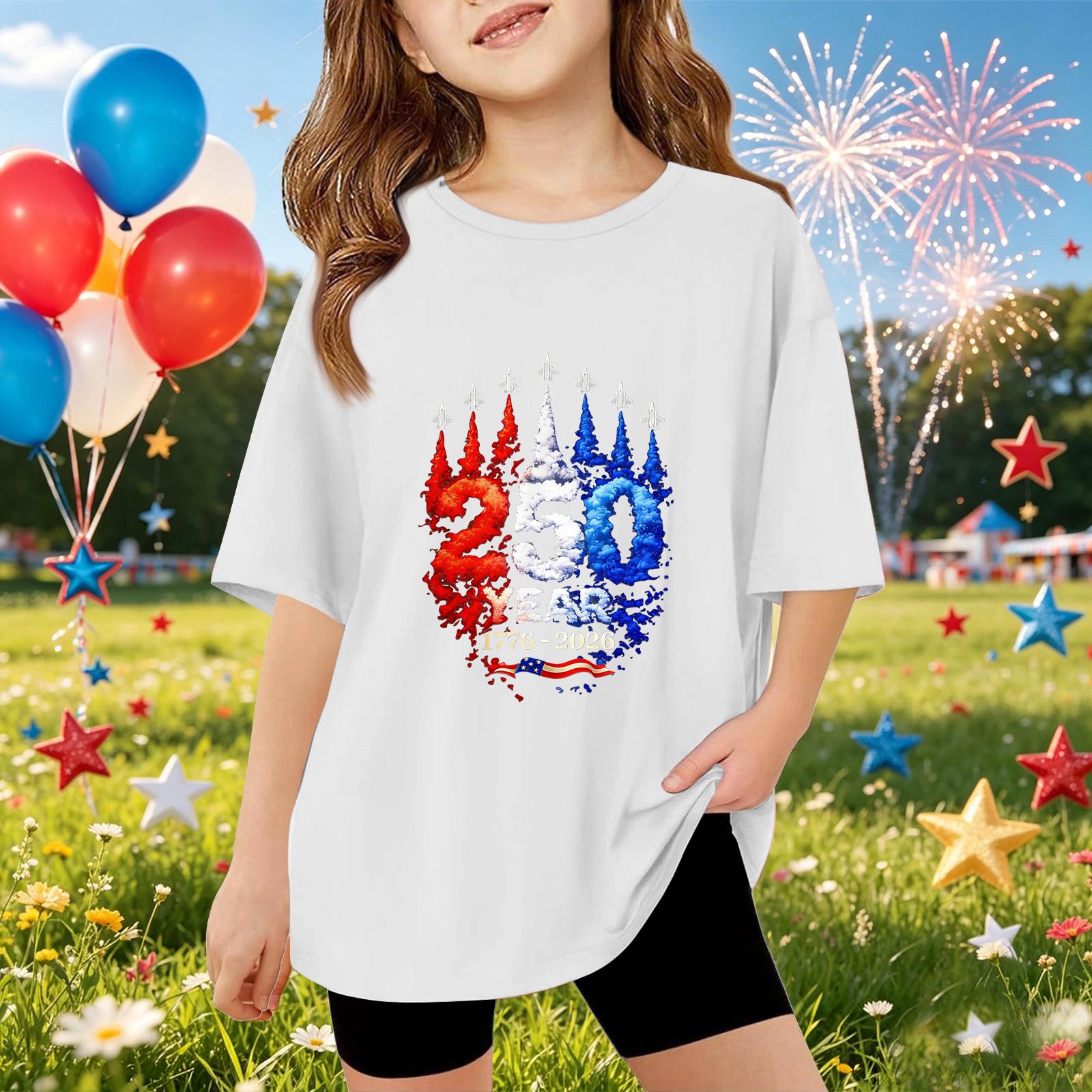 

Kids Short Sleeve T-Shirt Independence Day Graphic Tee 250 Year Celebration 1776 to 2026 Commemorative Print Casual Top for Boys and Girls 110 белый