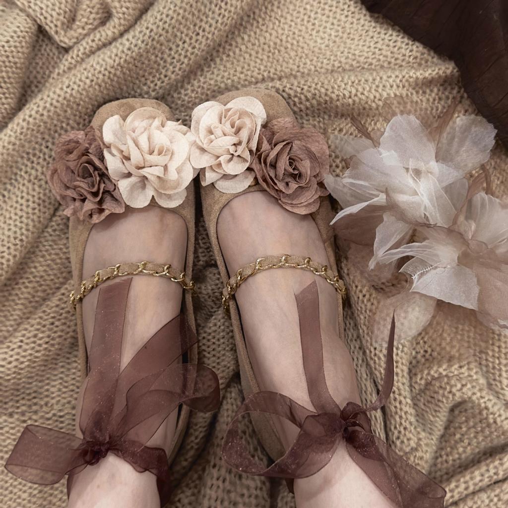 Zen Wabi Silent Wind Square Head Mary Jane Shoes Women's Suede Soft Flat Bottom One Pedal French Evening Wind Single Shoes Dead Leaf Butterfly