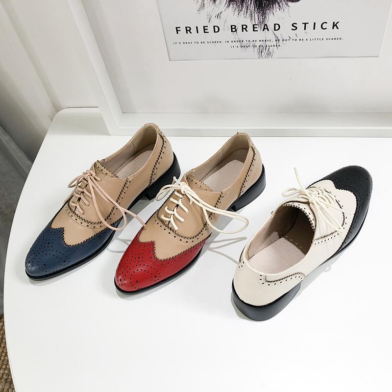 Fashion New Spring 2025 Block Genuine Leather Oxford Low Heel Women Shoes Retro Round Toe Shoes for Women Block Pumps Retro Ladies Shoes