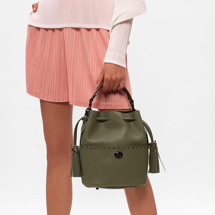 COACH Lora Leather Drawstring Water Bucket, Fringe Bag, Handbag, Shoulder Bag Women's Green 651-V5QUF