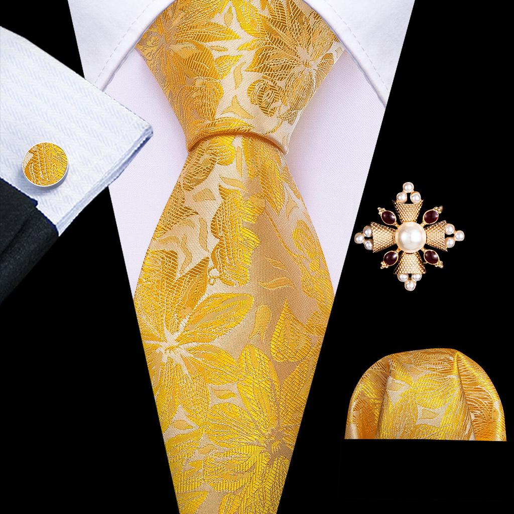 Pearl Brooch with Silk Tie for Men Vintage Floral Teal Necktie Hanky Cufflinks Gift Formal Set