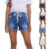 Women High Waist Drawstring Denim Shorts Distressed Raw Hem Casual Relaxed Fit Elastic Waistband Summer Shorts