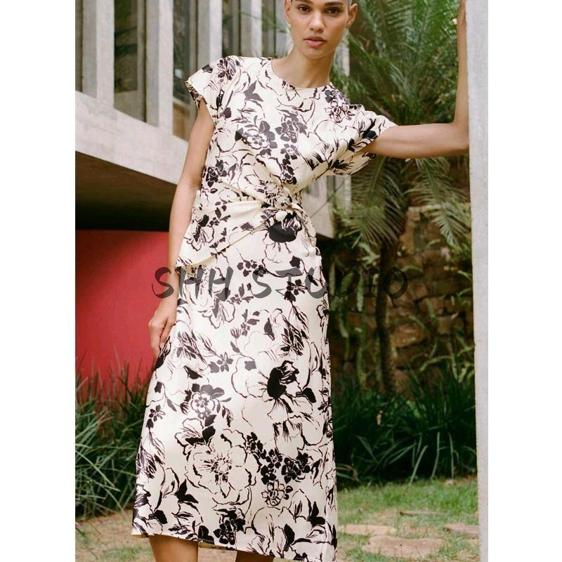 Spring New Women's Clothing Old Money Style Silk Satin Texture Print Short Sleeve Round Neck Midi Skirt Dress 2328651